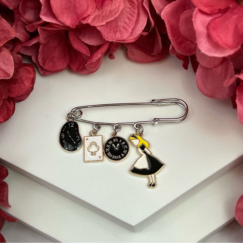 Alice in Wonderland Black & Silver Lapel Pin Brooch - Picture 2 of 14